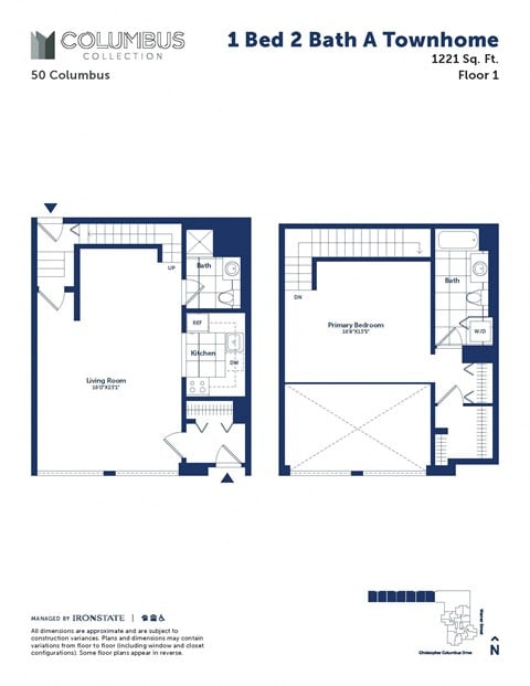 Floor plan for 1 bed, 2 baths, 1121 sqft